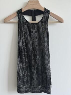 Alice + Olivia Black Beaded Mesh T-Back Tank Top Blouse Size Small